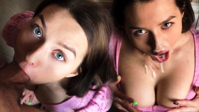 POV. Pipe baveuse, il m'a donc éjaculé sur le visage. Éjaculation massive et jolie fille aux gros seins naturels