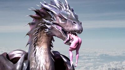 Une fille dévorée par un dragon, nue, la tête la première