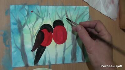 Comment dessiner un bouvreuil sur une branche de sorbier. Comment dessiner un paysage hivernal à la gouache