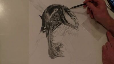 Venom – zwykłą kredką. Rysunek ołówkiem przedstawiający Venoma. Rysunek ołówkiem