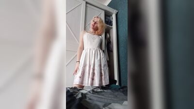 Gentle Homemade Masturbation in a White Dress and a Passionate Stormy Orgasm