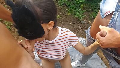In the woods sharing his slutty wife and her mouth with strangers