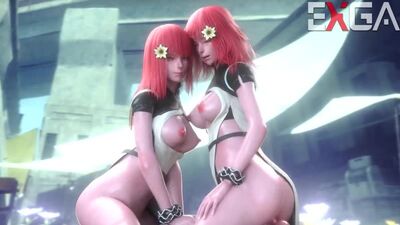 Devola x Popola - sexo em grupo; sexo oral; cunnilingus; sentar-se na cara; mamas grandes; pornografia hentai 3D; [NieR:Automata]