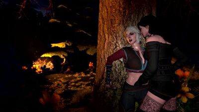 Yennefer a acariciar Ciri na floresta
