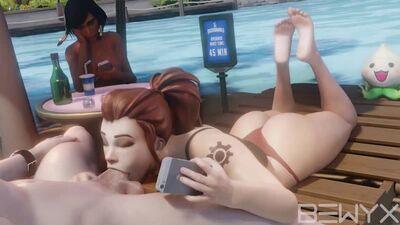 Brigitte x Pharah: sexo oral; cunnilingus; mamada; garganta profunda; follada facial; cámara; paja; porno hentai 3D; [Overwatch]
