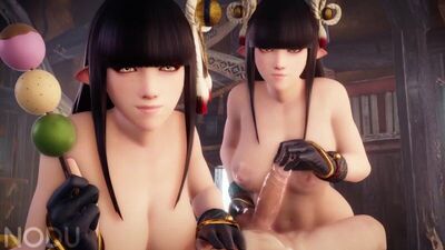 Hinoa x Minoto - NSFW; sexo en grupo; paja con las tetas; paizuri; porno hentai 3D; (por @Nodu) [Monster Hunter]