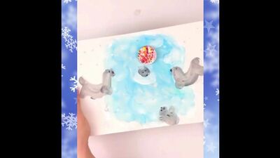 FOCAS A BRINCAR COM UMA BOLA. Desenho infantil original - brincadeira com tema de inverno