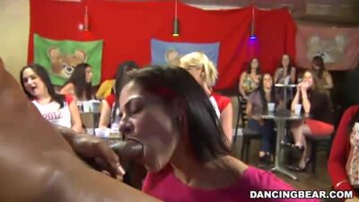 A stripper gets sucked off one after another by some naughty ladies