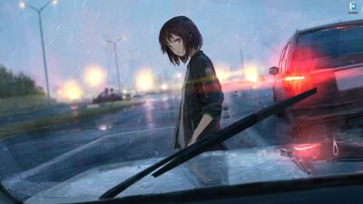Une jeune fille dans un anime sous la pluie sur la route - fond d'écran animé pour Wallpaper Engine
