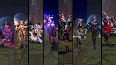 Palettes de couleurs : la sorcière suprême Esh, Cassiopée, Ari, Evelynn, la prestigieuse LeBlanc, Malphite et Warwick du Coven | League of Legends