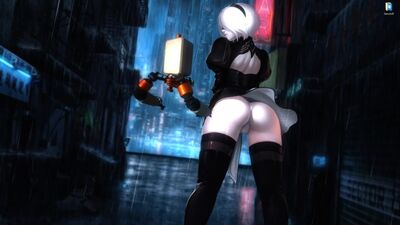 La jeune fille 2B de Nier Automata dans une ville nocturne - fond d'écran animé pour Wallpaper Engine