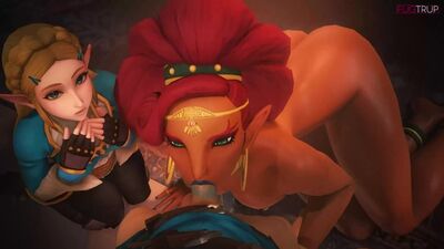 Zelda x Link x Urbosa: sexo en grupo; sexo oral; cunnilingus; mamada; follada facial; porno hentai 3D; (por FUGTRUP) [The Legend of Zelda]